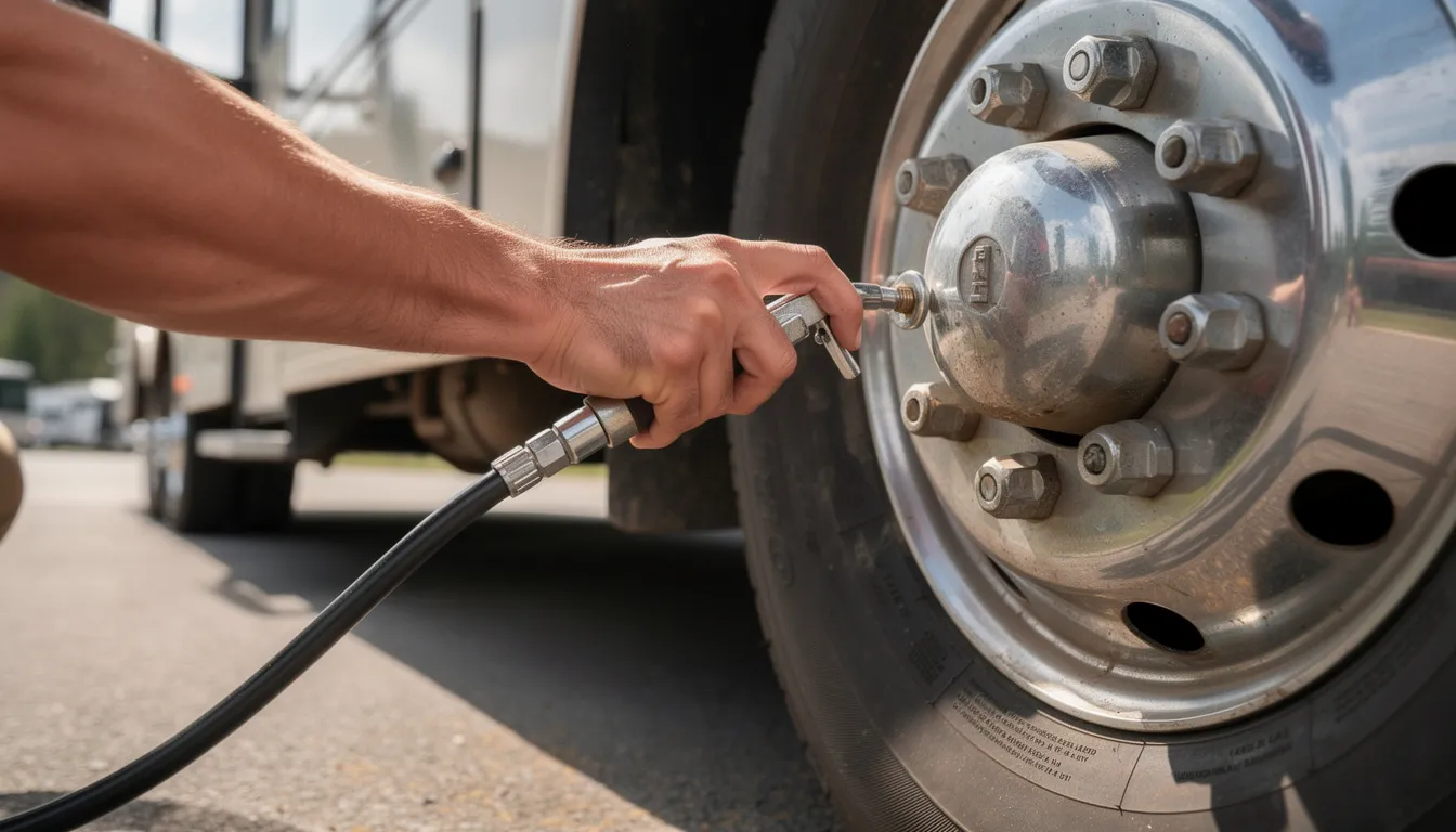 A close-up image shows a person using a tire pressure gauge to check the pressure of an RV tire, emphasizing the importance of maintaining proper tire pressure as part of an RV departure checklist. The individual appears focused, ensuring that their RV is ready for a safe trip.