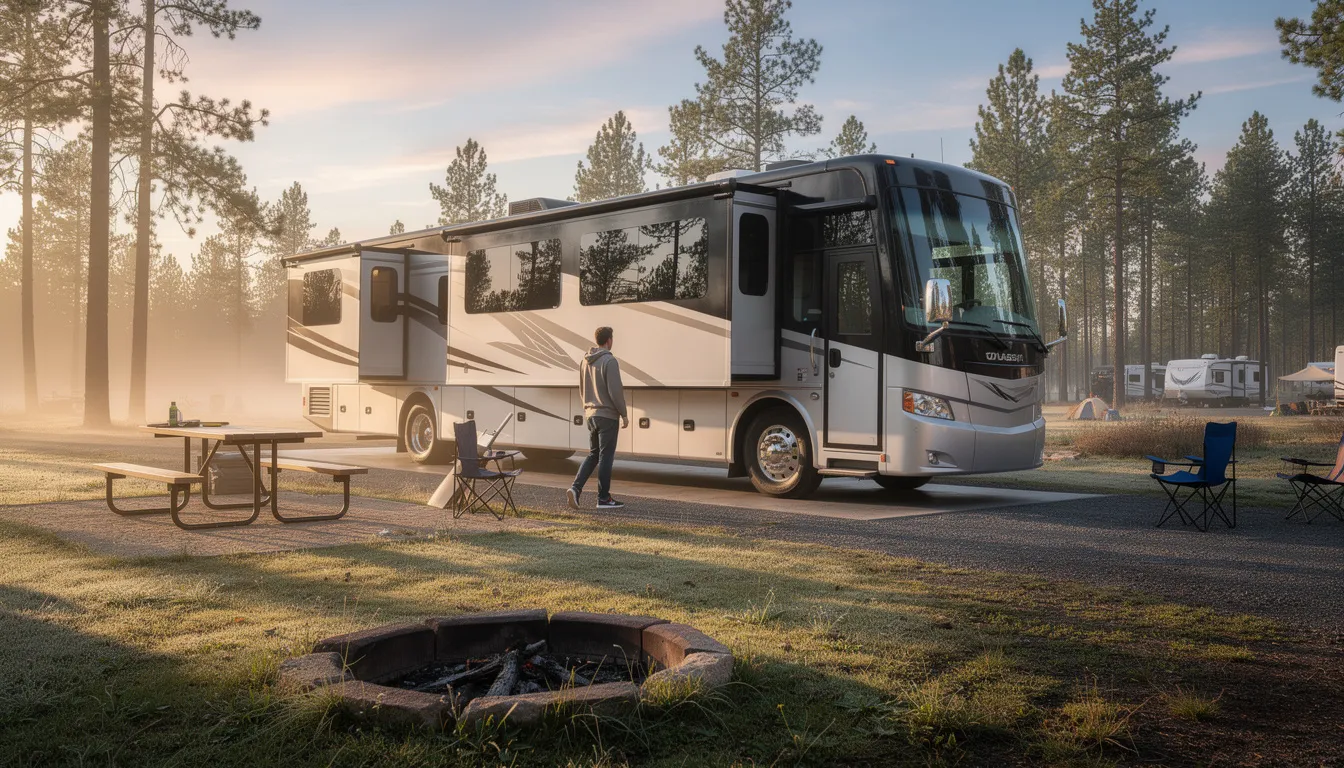 A person is walking around the exterior of a large motorhome at a campsite during the morning hours, checking various features such as the shower door and water connections. This scene captures the essence of RV life, highlighting important steps for RV setup and ensuring everything is secure before embarking on an RV trip.