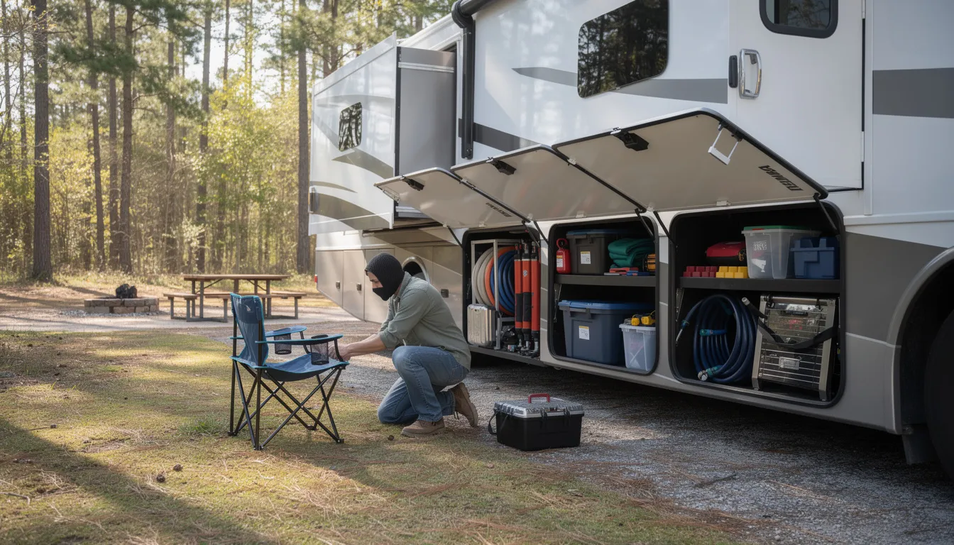 An RV exterior is shown with open storage bays, where camping gear is being organized by a person. The image captures the essence of RV life, highlighting the importance of a good checklist to ensure all items are securely stowed before departure.